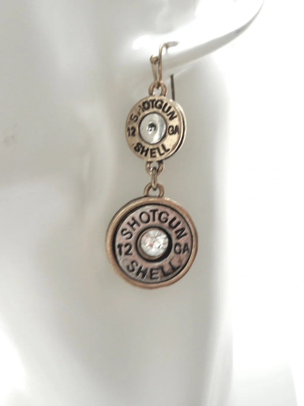 Two Tone Dangle Shotgun Shell Bullet Earrings Crystal Accented